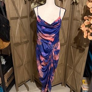 SHEIN Blue & Pink Draped Cowl Midi Dress